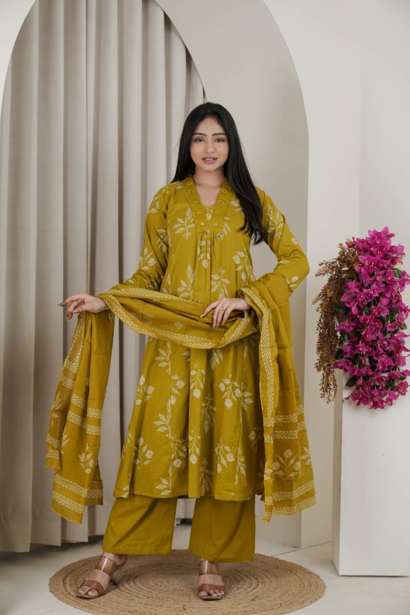 Naisha K 482 Jaipuri Cotton Mirror Work A Line Kurti Pant And Dupatta