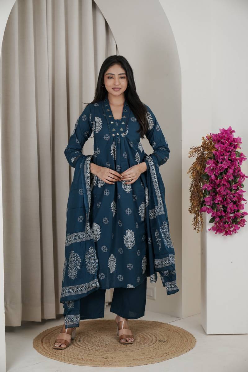 Naisha K 482 Jaipuri Cotton Mirror Work A Line Kurti Pant And Dupatta