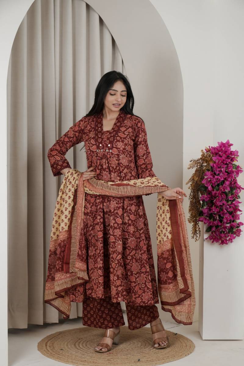 Naisha K 482 Jaipuri Cotton Mirror Work A Line Kurti Pant And Dupatta