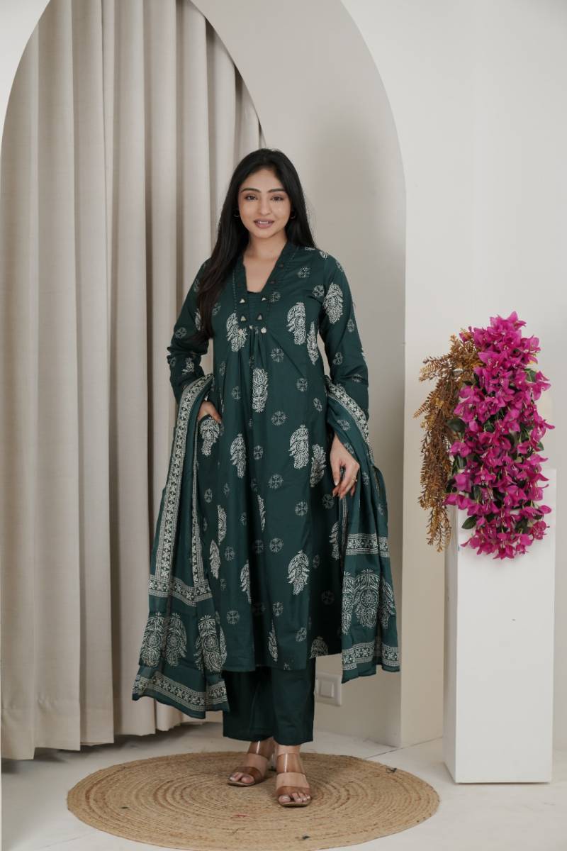 Naisha K 482 Jaipuri Cotton Mirror Work A Line Kurti Pant And Dupatta