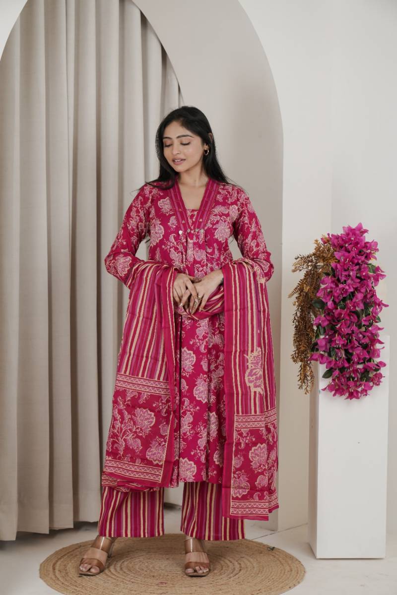Naisha K 482 Jaipuri Cotton Mirror Work A Line Kurti Pant And Dupatta