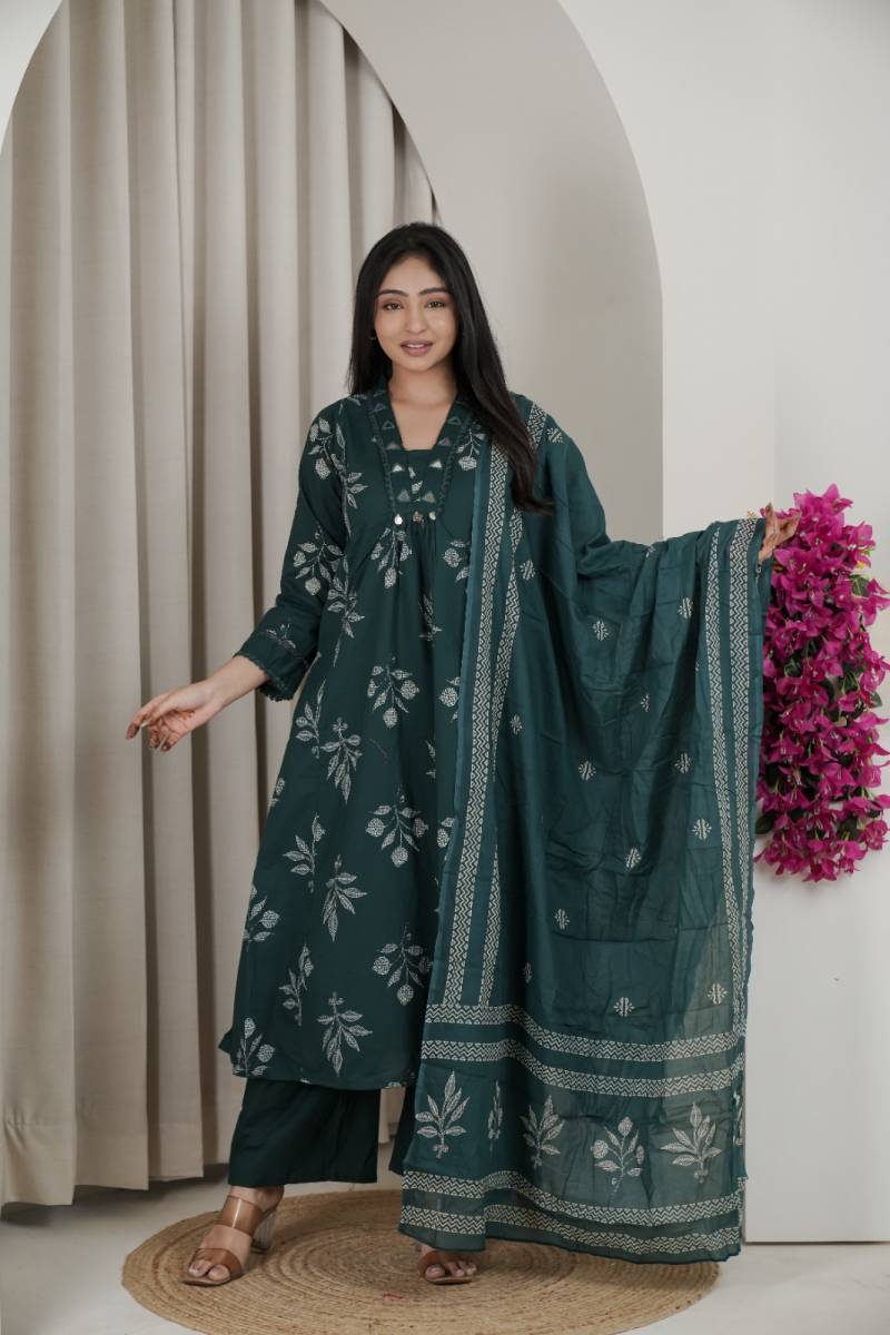 Naisha K 482 Jaipuri Cotton Mirror Work A Line Kurti Pant And Dupatta