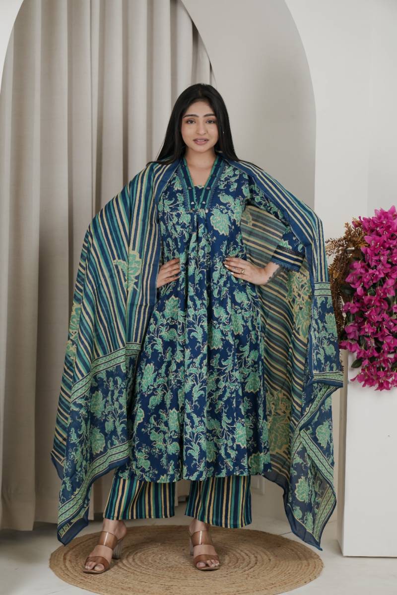 Naisha K 482 Jaipuri Cotton Mirror Work A Line Kurti Pant And Dupatta