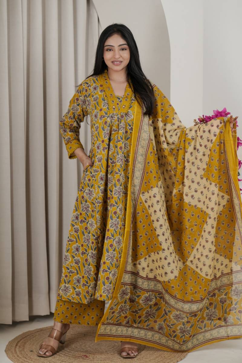 Naisha K 482 Jaipuri Cotton Mirror Work A Line Kurti Pant And Dupatta