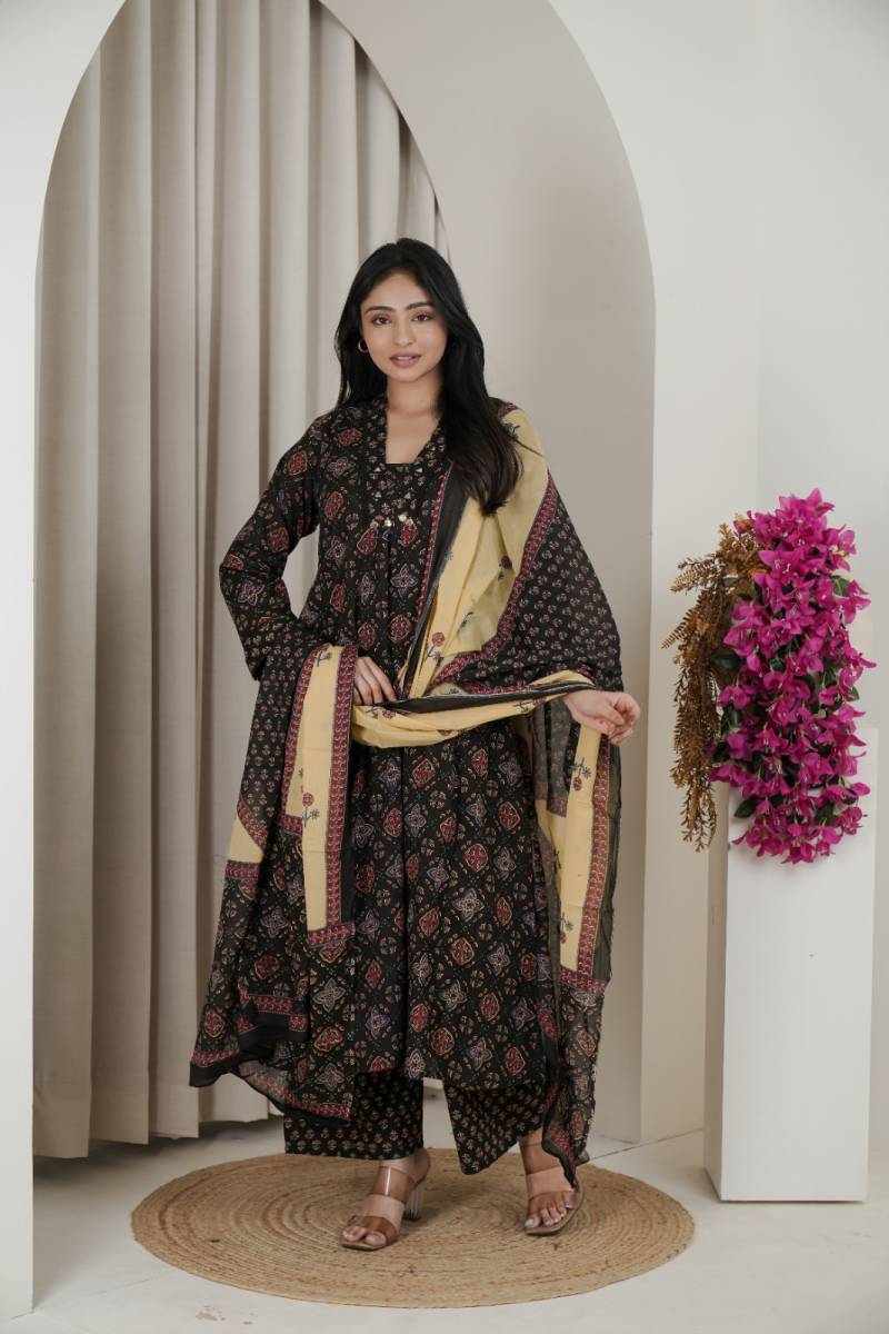 Naisha K 482 Jaipuri Cotton Mirror Work A Line Kurti Pant And Dupatta