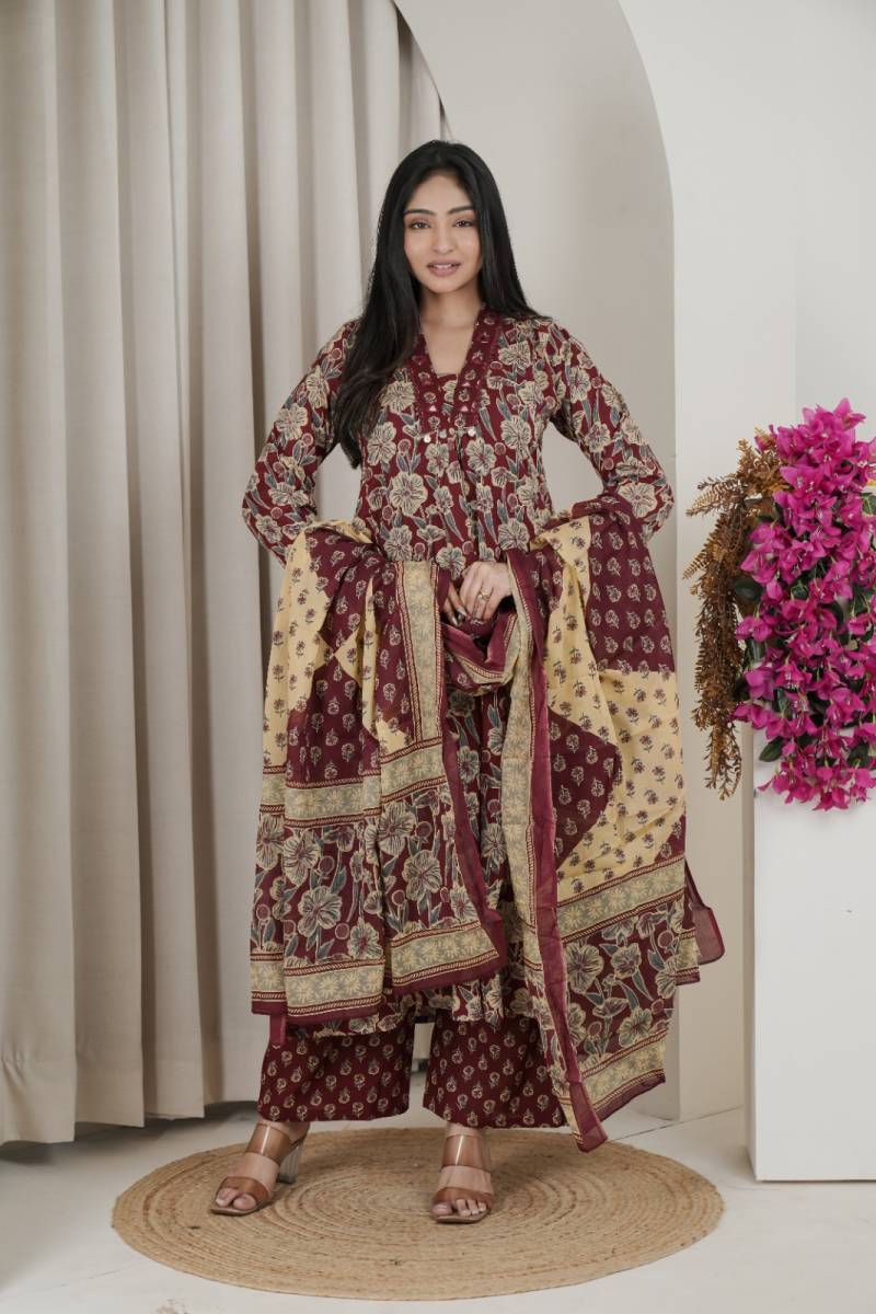 Naisha K 482 Jaipuri Cotton Mirror Work A Line Kurti Pant And Dupatta