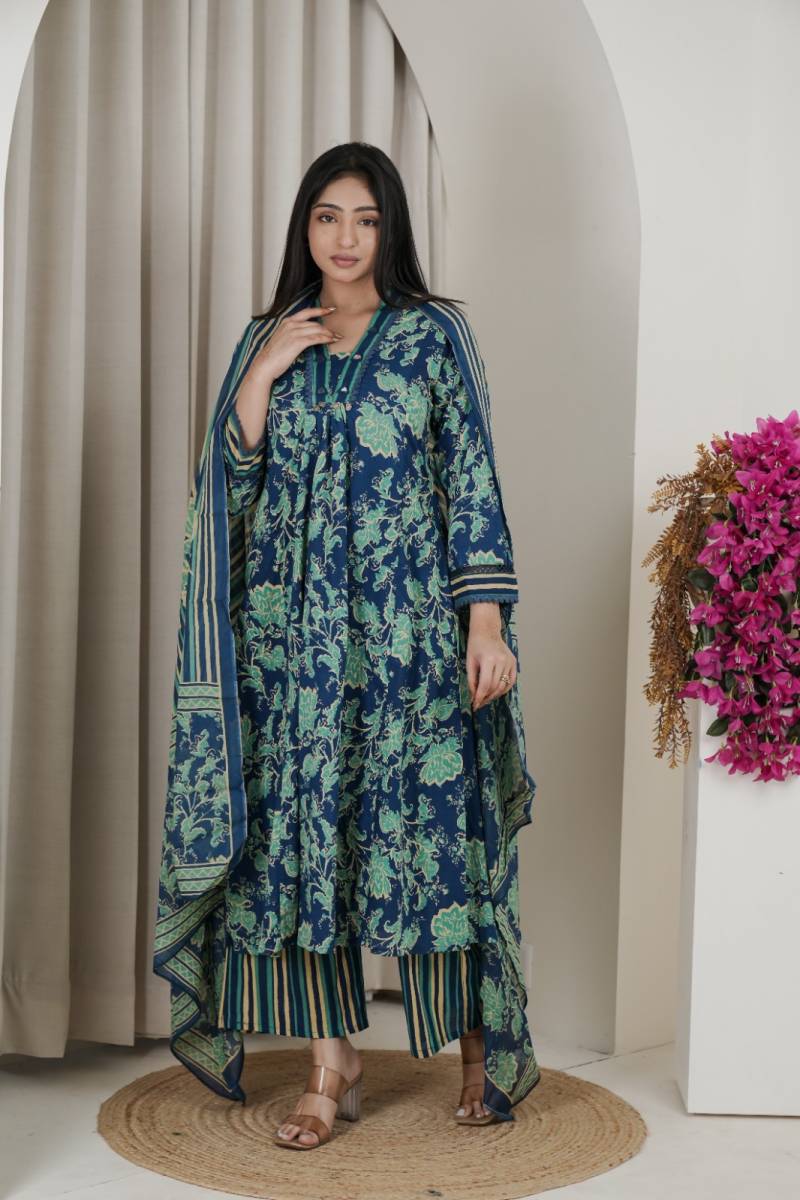Naisha K 482 Jaipuri Cotton Mirror Work A Line Kurti Pant And Dupatta