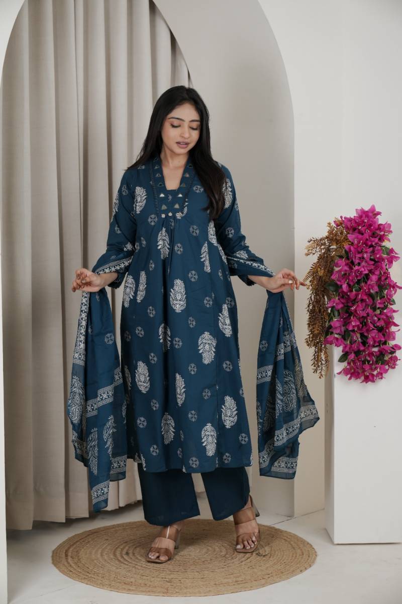 Naisha K 482 Jaipuri Cotton Mirror Work A Line Kurti Pant And Dupatta