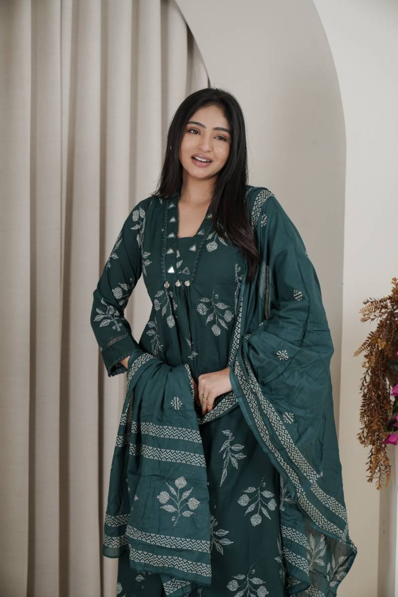 Naisha K 482 Jaipuri Cotton Mirror Work A Line Kurti Pant And Dupatta