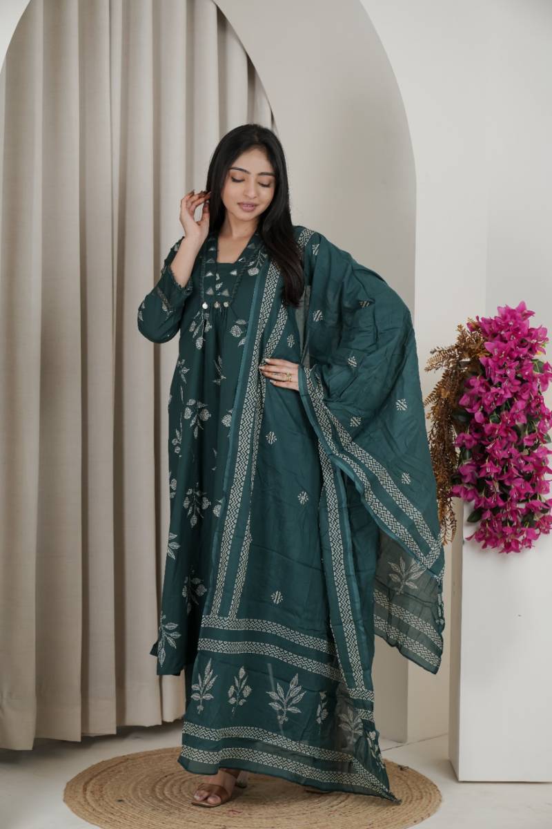 Naisha K 482 Jaipuri Cotton Mirror Work A Line Kurti Pant And Dupatta