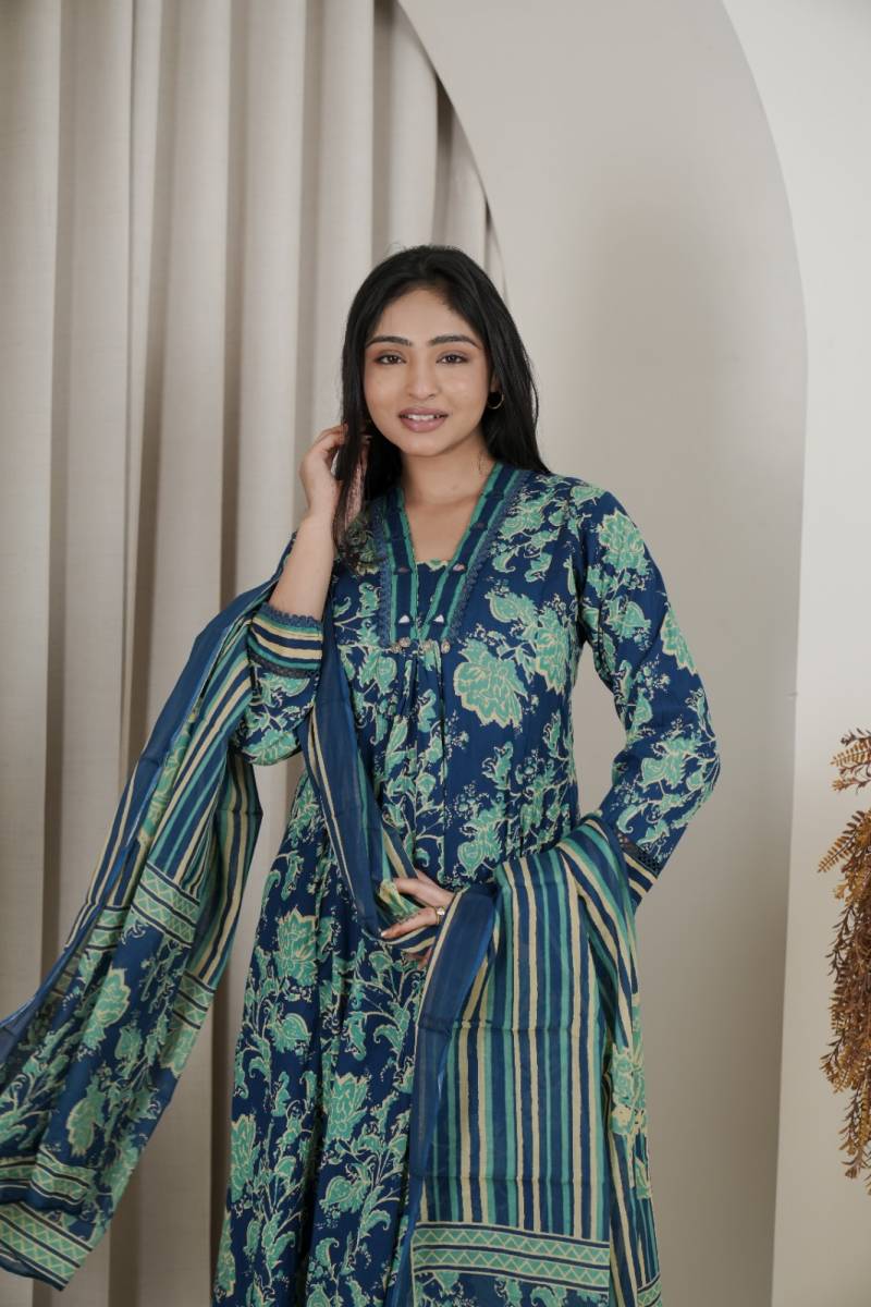 Naisha K 482 Jaipuri Cotton Mirror Work A Line Kurti Pant And Dupatta