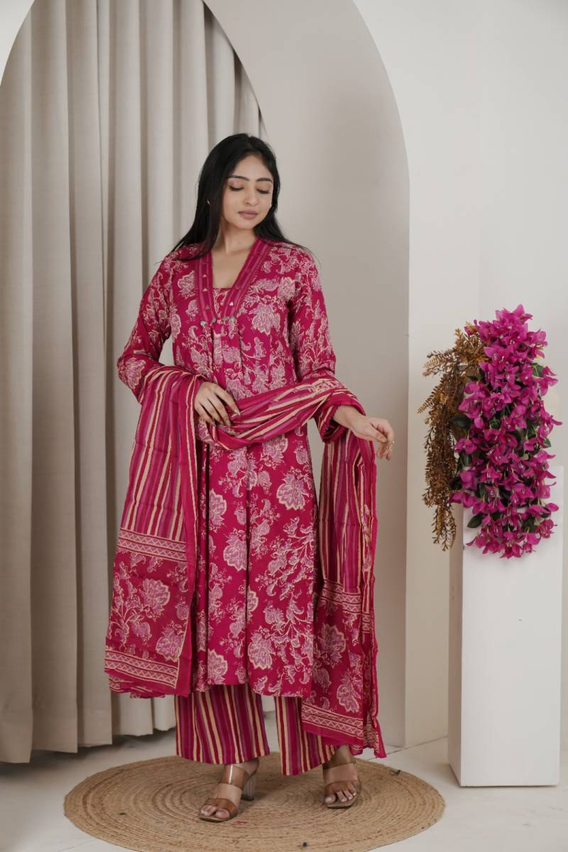Naisha K 482 Jaipuri Cotton Mirror Work A Line Kurti Pant And Dupatta