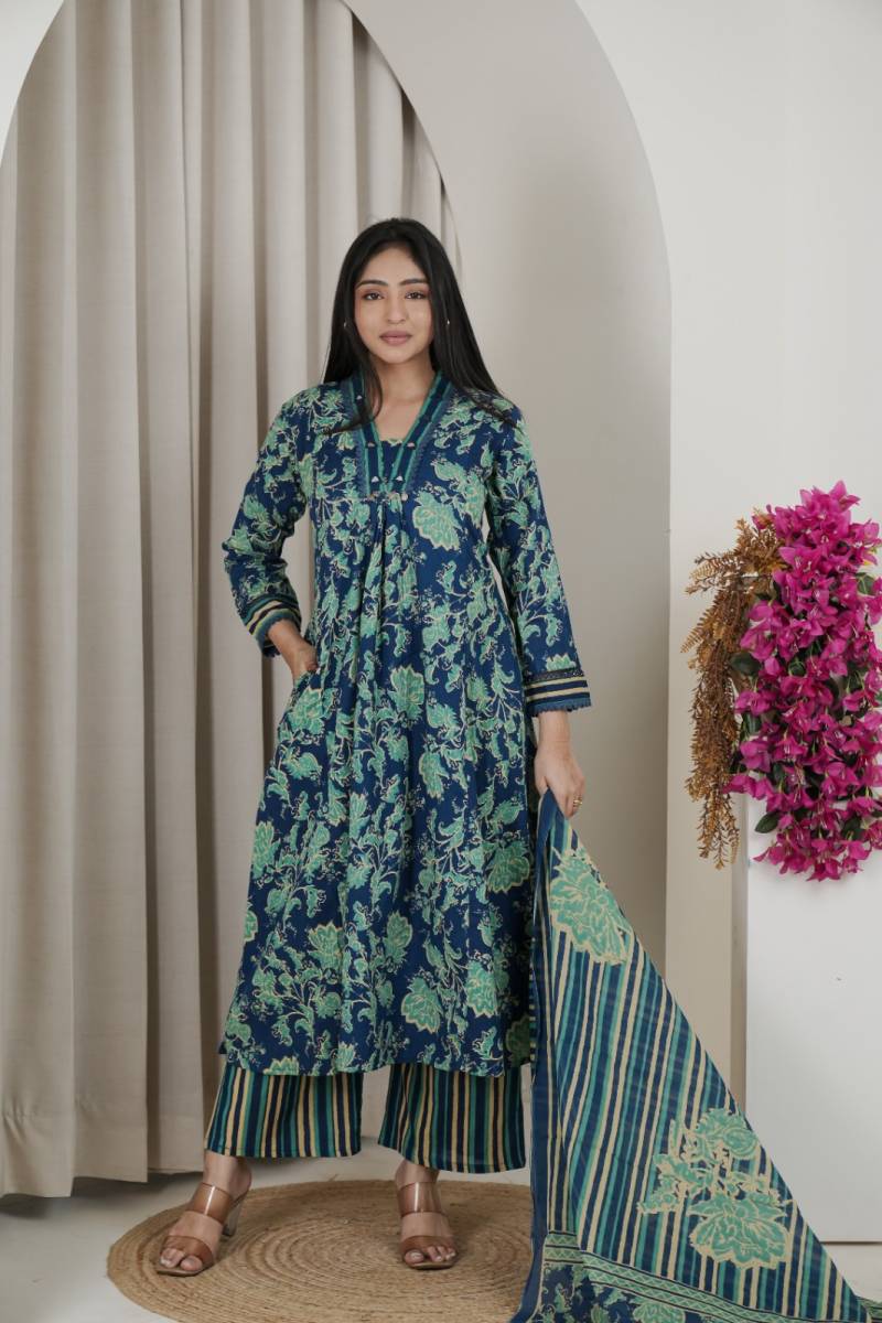 Naisha K 482 Jaipuri Cotton Mirror Work A Line Kurti Pant And Dupatta