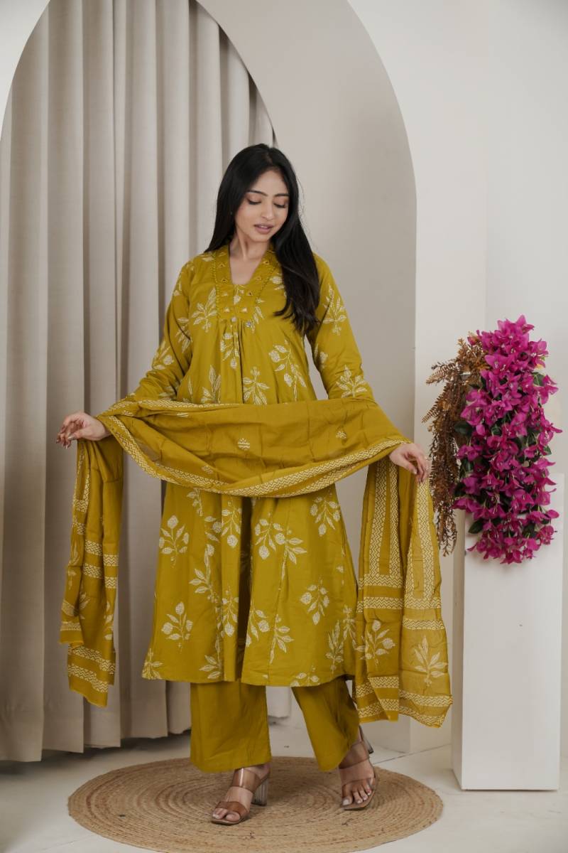 Naisha K 482 Jaipuri Cotton Mirror Work A Line Kurti Pant And Dupatta
