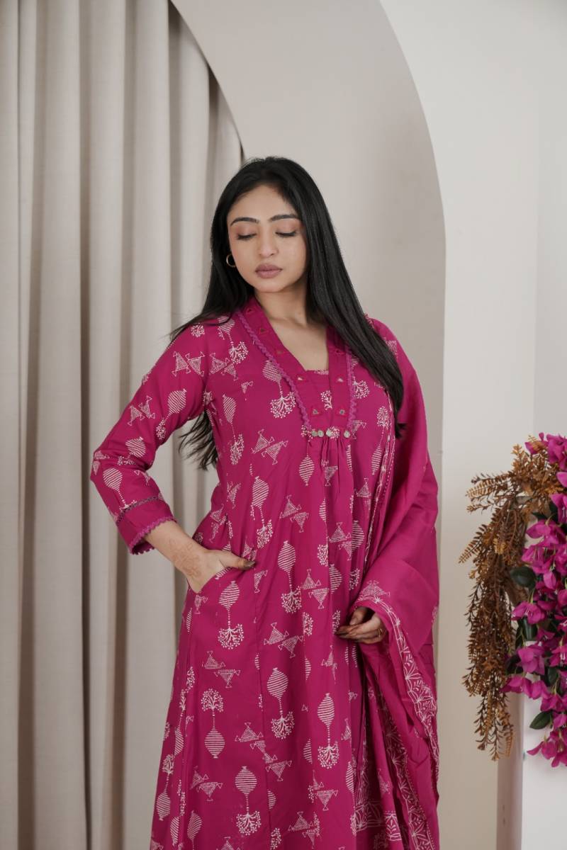 Naisha K 482 Jaipuri Cotton Mirror Work A Line Kurti Pant And Dupatta