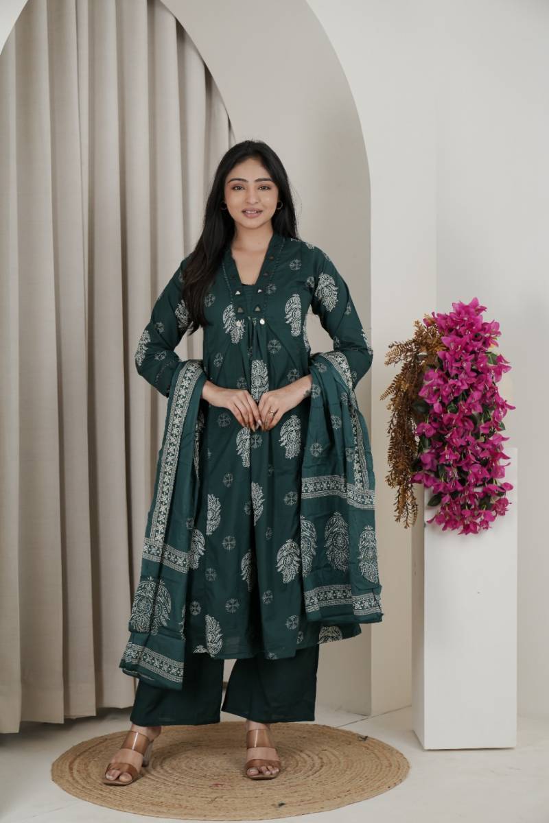 Naisha K 482 Jaipuri Cotton Mirror Work A Line Kurti Pant And Dupatta