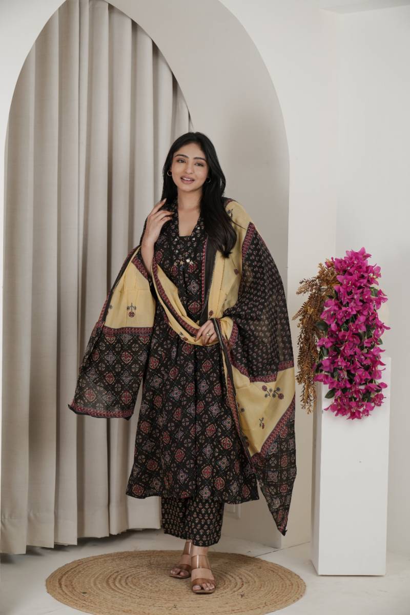 Naisha K 482 Jaipuri Cotton Mirror Work A Line Kurti Pant And Dupatta