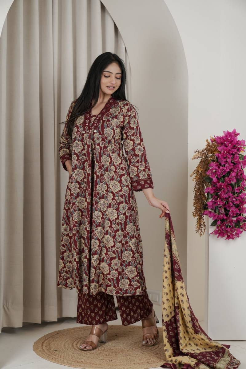 Naisha K 482 Jaipuri Cotton Mirror Work A Line Kurti Pant And Dupatta