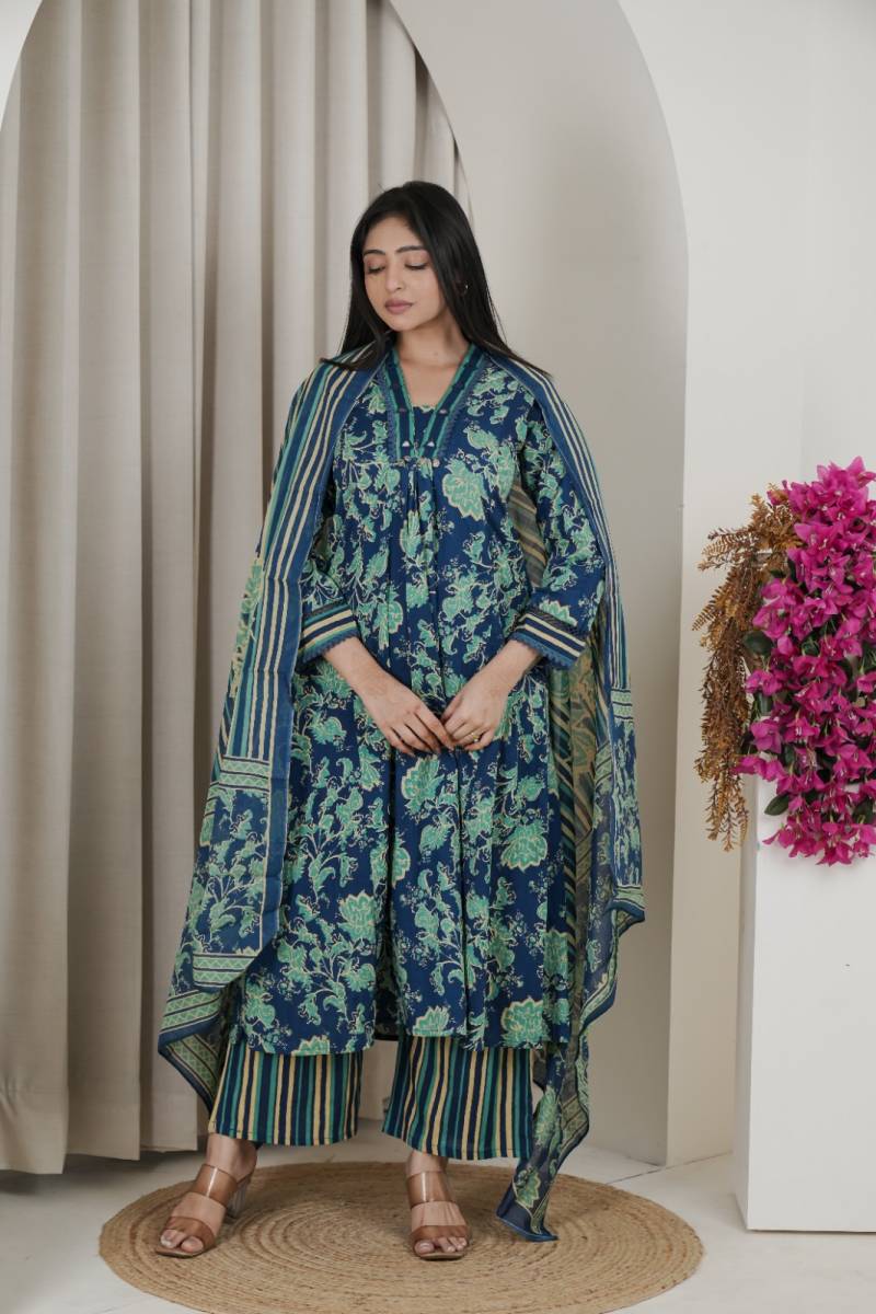 Naisha K 482 Jaipuri Cotton Mirror Work A Line Kurti Pant And Dupatta