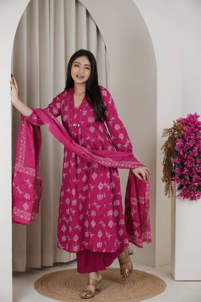 Naisha K 482 Jaipuri Cotton Mirror Work A Line Kurti Pant And Dupatta
