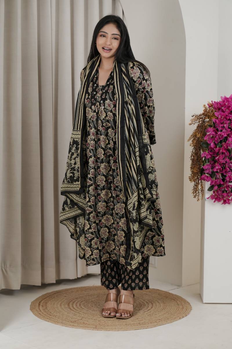 Naisha K 482 Jaipuri Cotton Mirror Work A Line Kurti Pant And Dupatta