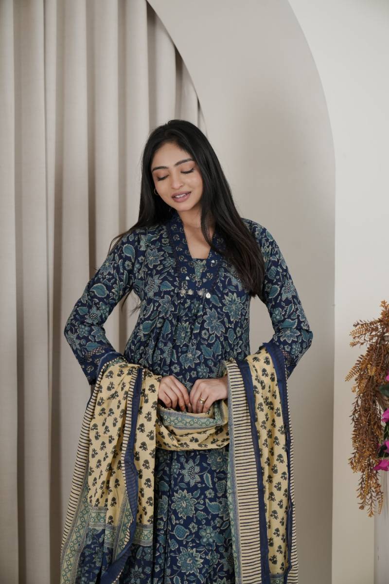 Naisha K 482 Jaipuri Cotton Mirror Work A Line Kurti Pant And Dupatta