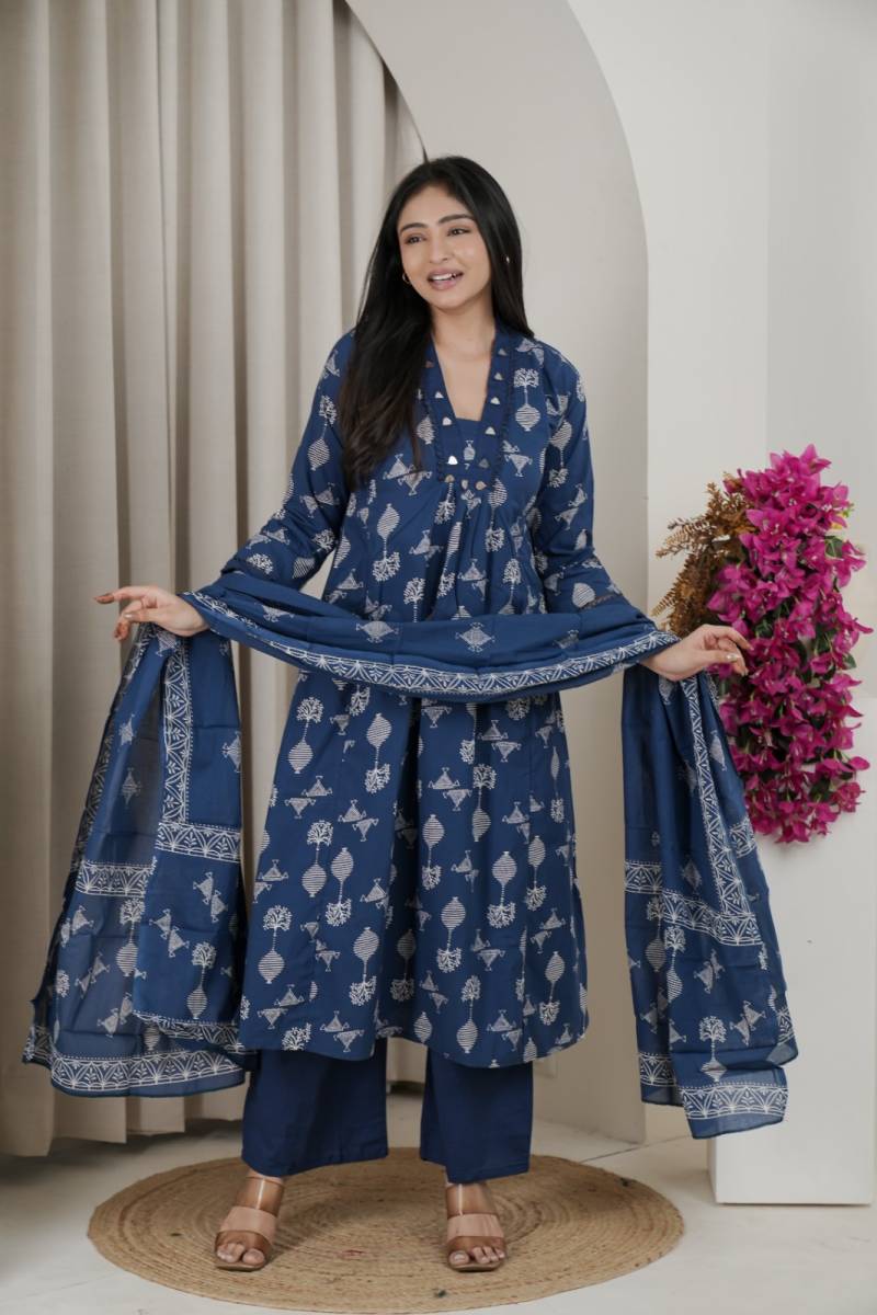 Naisha K 482 Jaipuri Cotton Mirror Work A Line Kurti Pant And Dupatta
