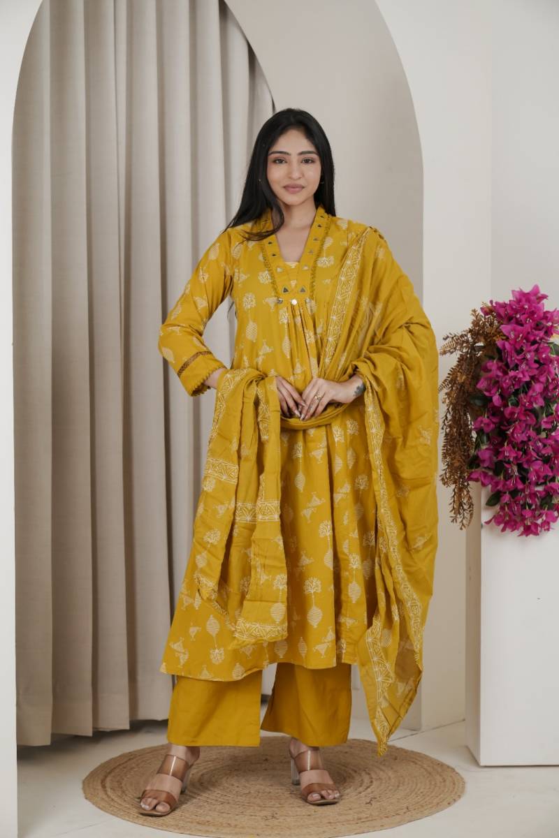 Naisha K 482 Jaipuri Cotton Mirror Work A Line Kurti Pant And Dupatta