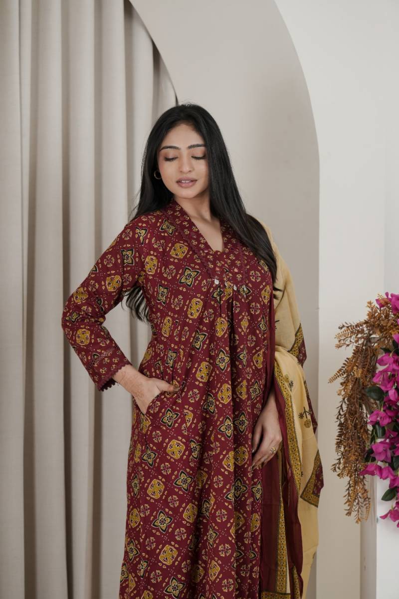 Naisha K 482 Jaipuri Cotton Mirror Work A Line Kurti Pant And Dupatta