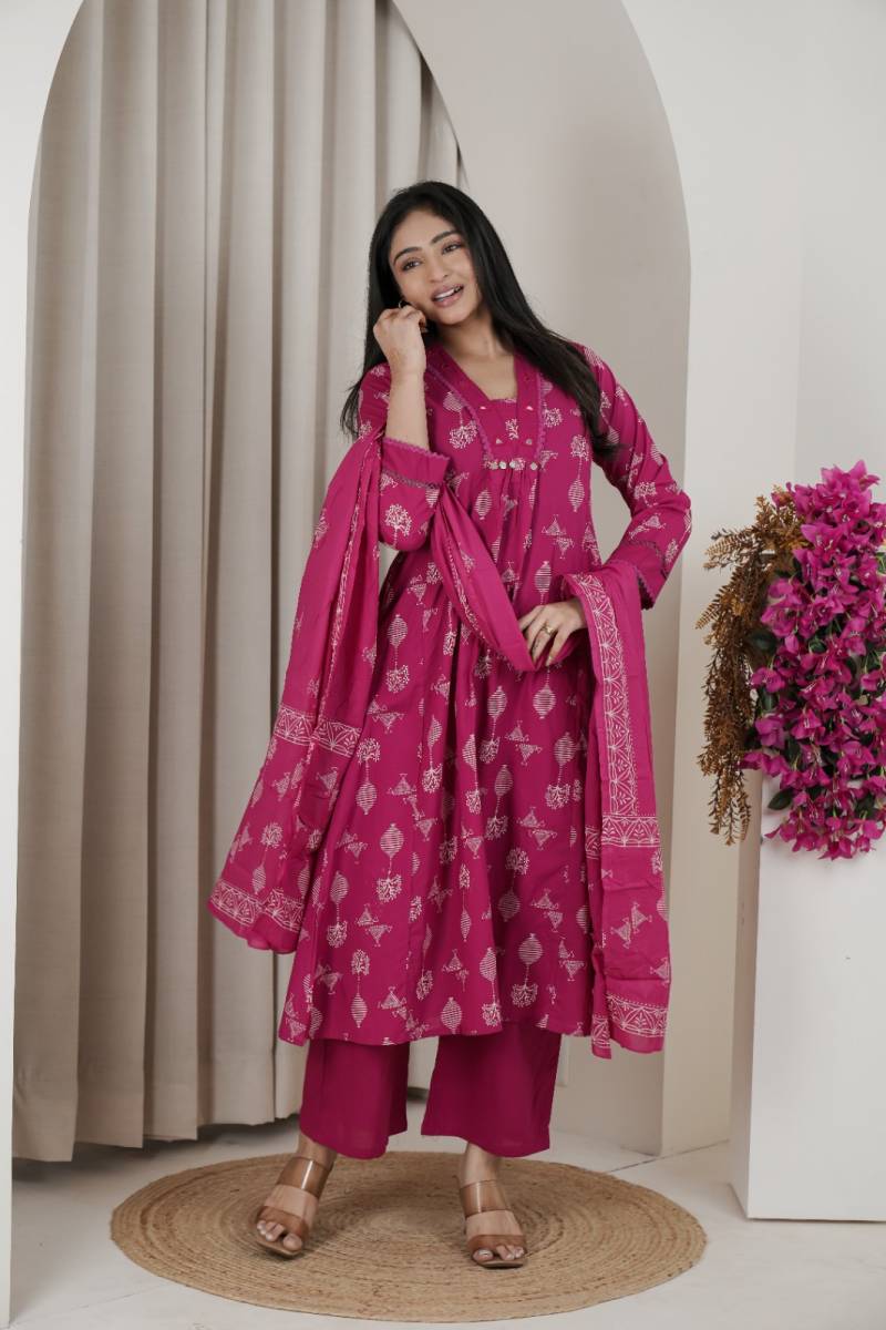 Naisha K 482 Jaipuri Cotton Mirror Work A Line Kurti Pant And Dupatta
