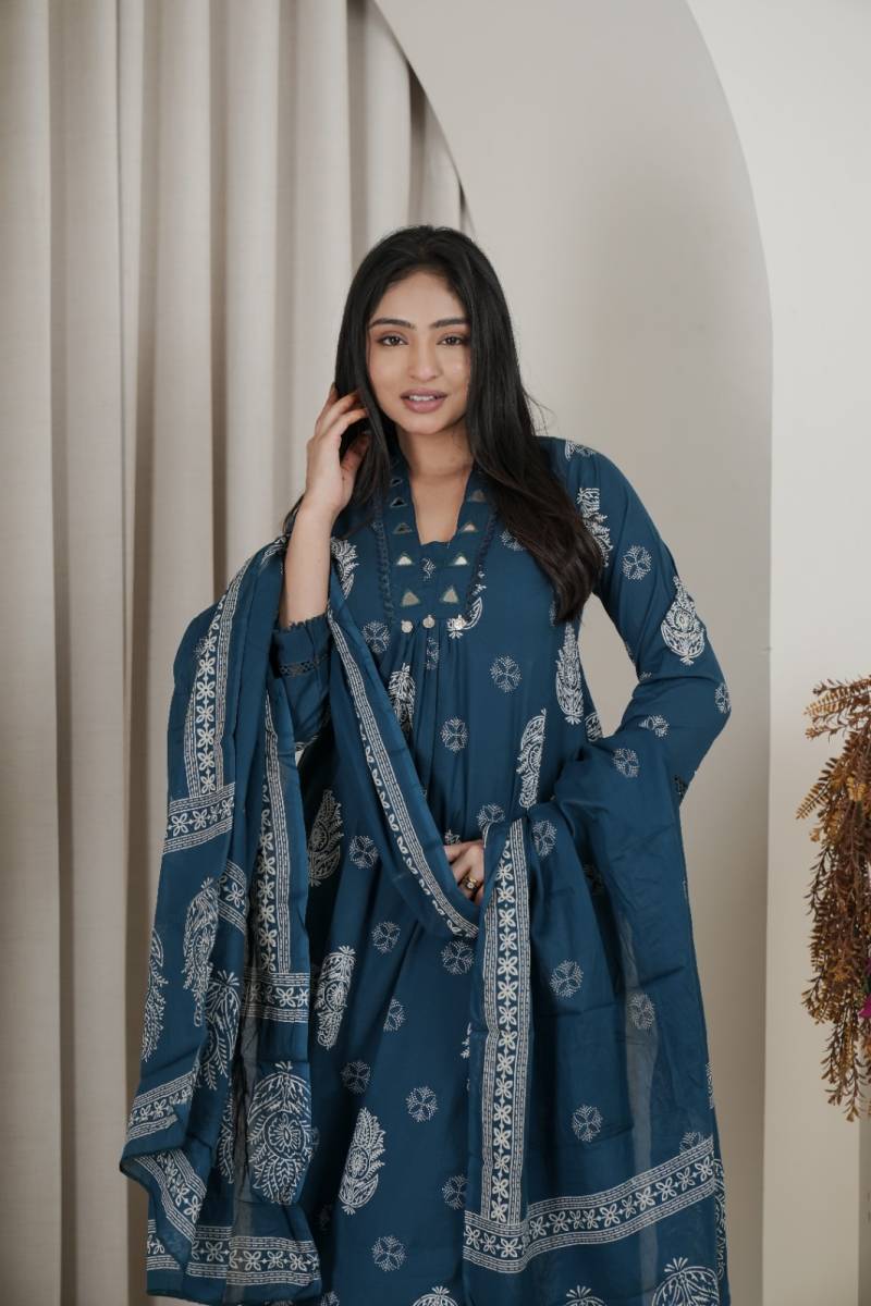 Naisha K 482 Jaipuri Cotton Mirror Work A Line Kurti Pant And Dupatta