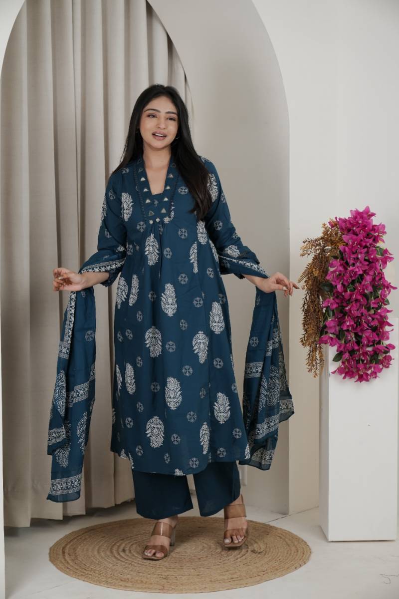 Naisha K 482 Jaipuri Cotton Mirror Work A Line Kurti Pant And Dupatta