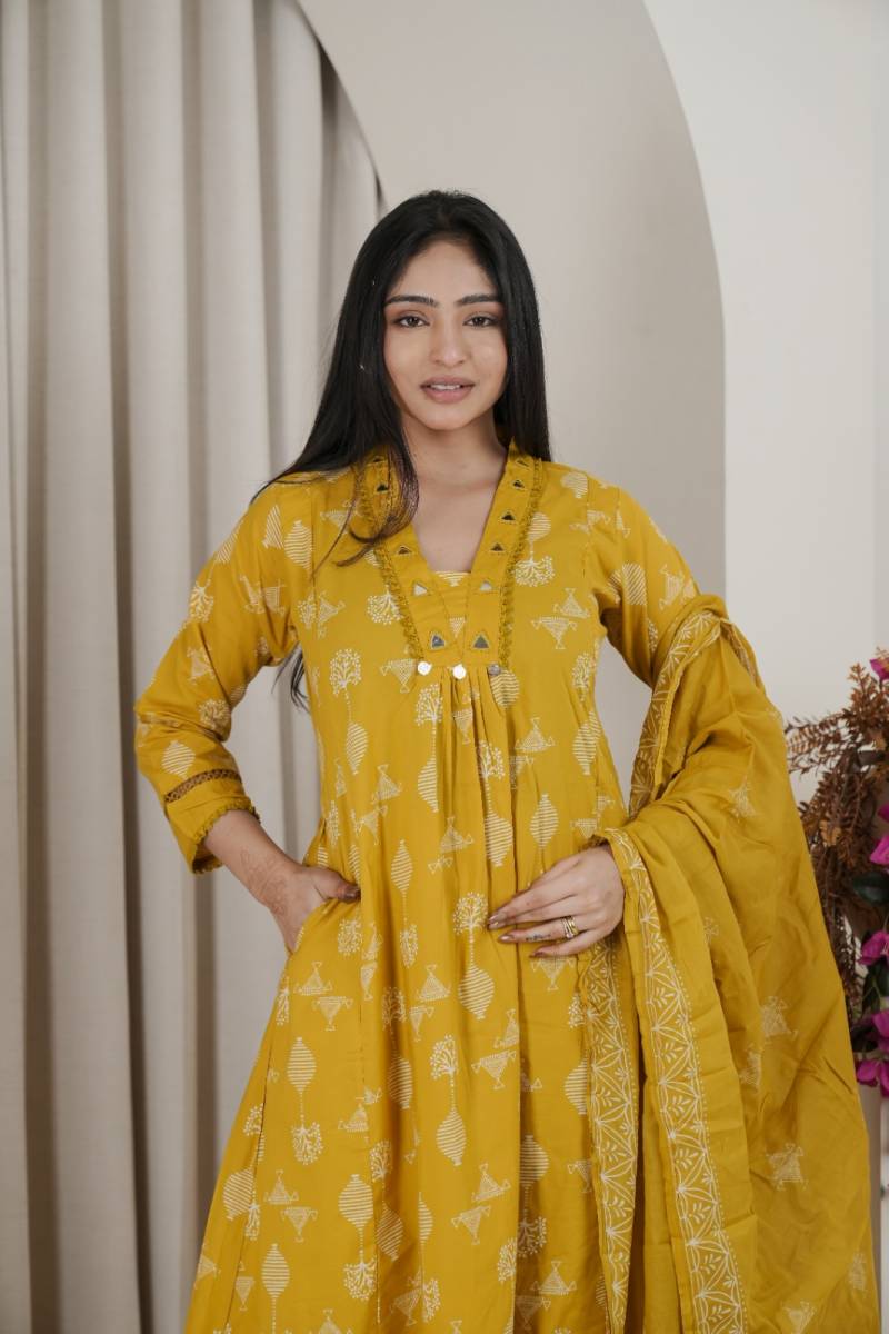 Naisha K 482 Jaipuri Cotton Mirror Work A Line Kurti Pant And Dupatta