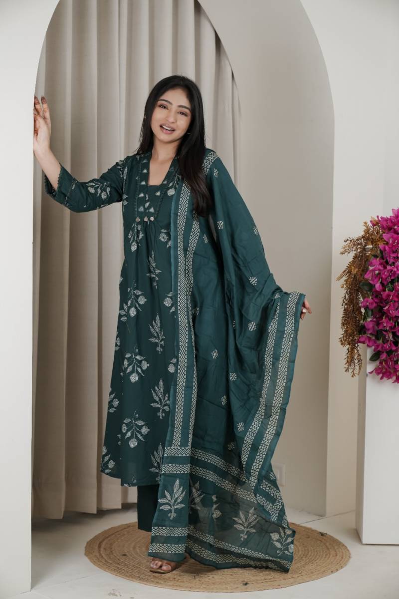Naisha K 482 Jaipuri Cotton Mirror Work A Line Kurti Pant And Dupatta