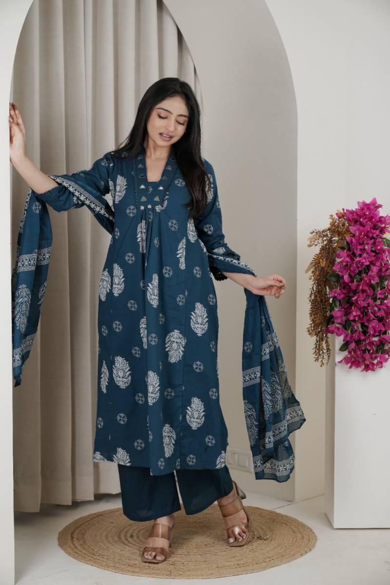 Naisha K 482 Jaipuri Cotton Mirror Work A Line Kurti Pant And Dupatta