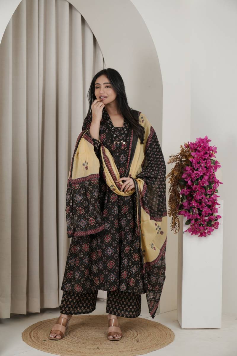 Naisha K 482 Jaipuri Cotton Mirror Work A Line Kurti Pant And Dupatta