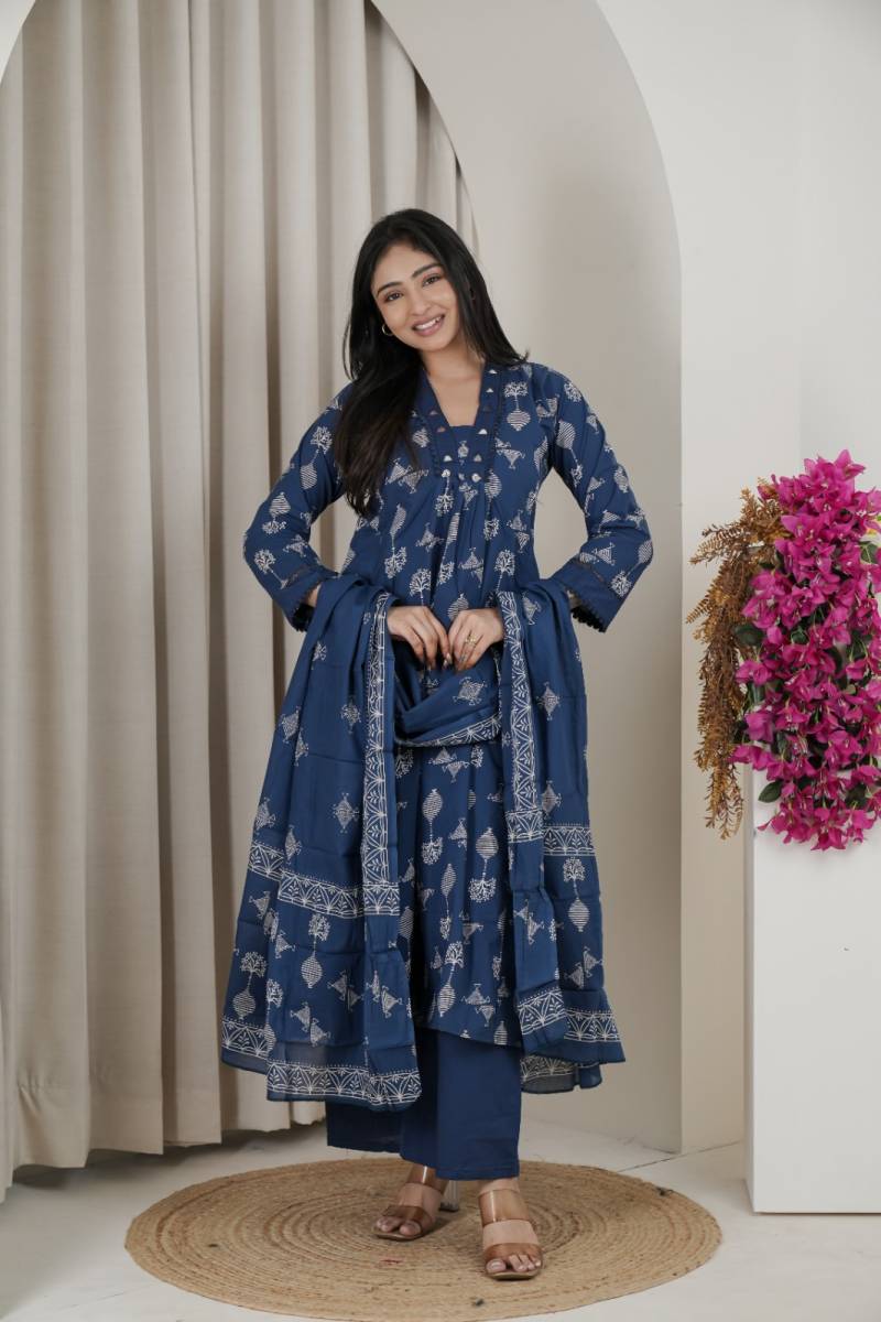 Naisha K 482 Jaipuri Cotton Mirror Work A Line Kurti Pant And Dupatta