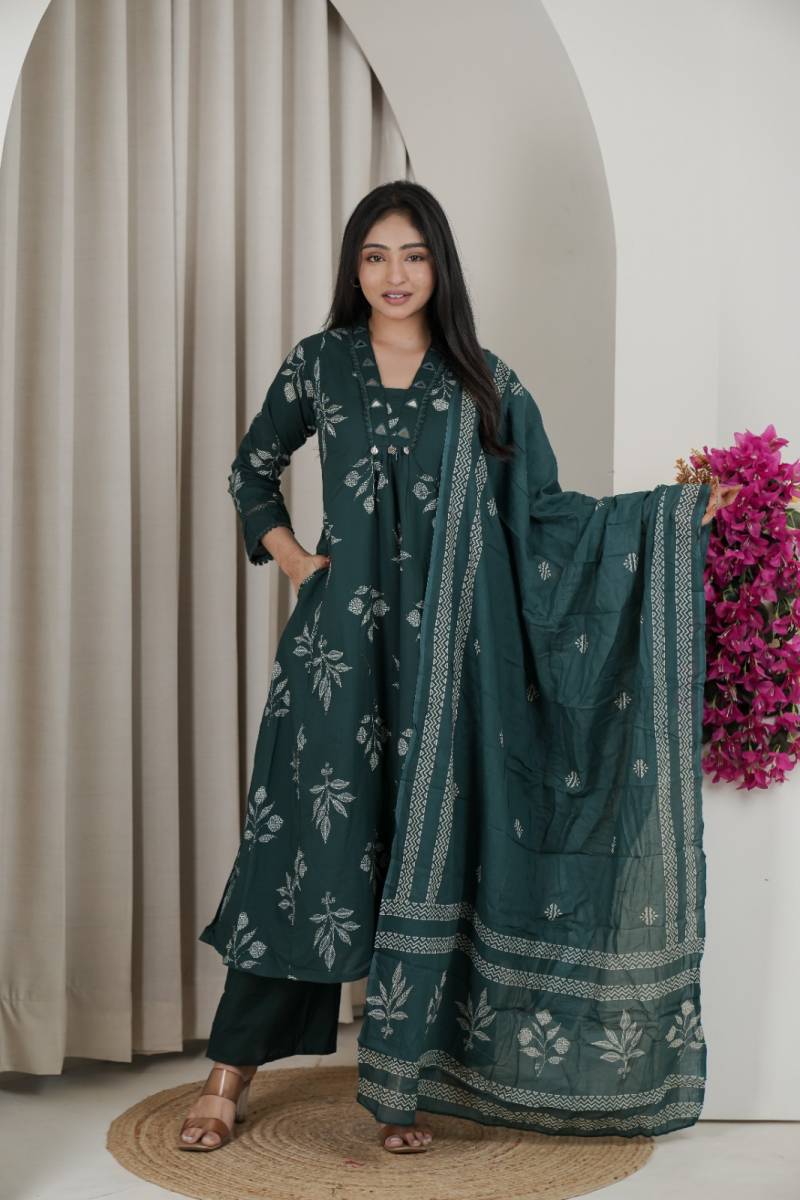 Naisha K 482 Jaipuri Cotton Mirror Work A Line Kurti Pant And Dupatta