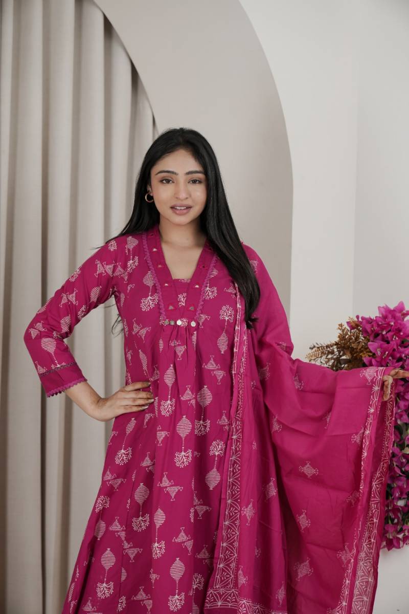 Naisha K 482 Jaipuri Cotton Mirror Work A Line Kurti Pant And Dupatta