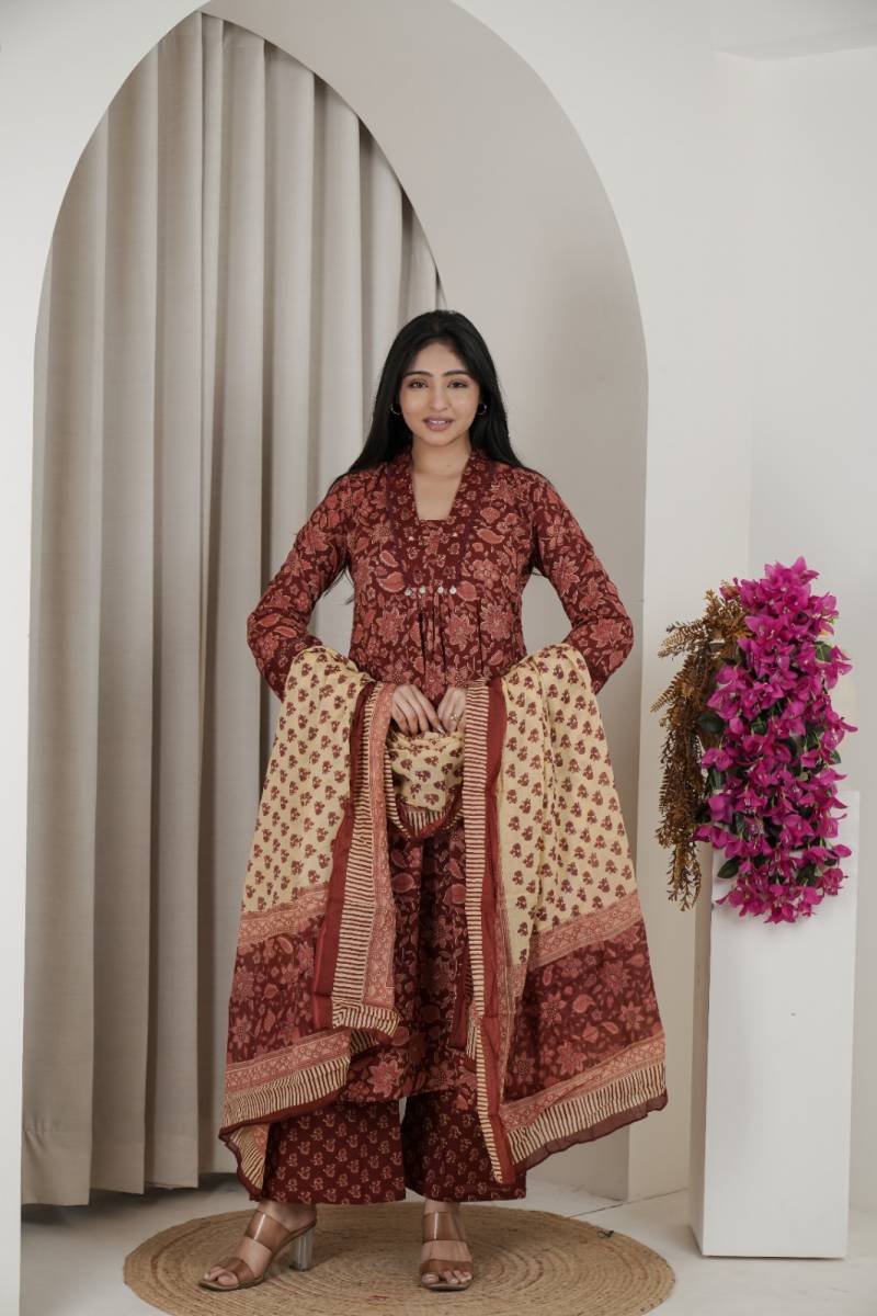 Naisha K 482 Jaipuri Cotton Mirror Work A Line Kurti Pant And Dupatta