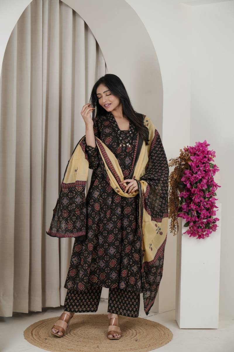 Naisha K 482 Jaipuri Cotton Mirror Work A Line Kurti Pant And Dupatta