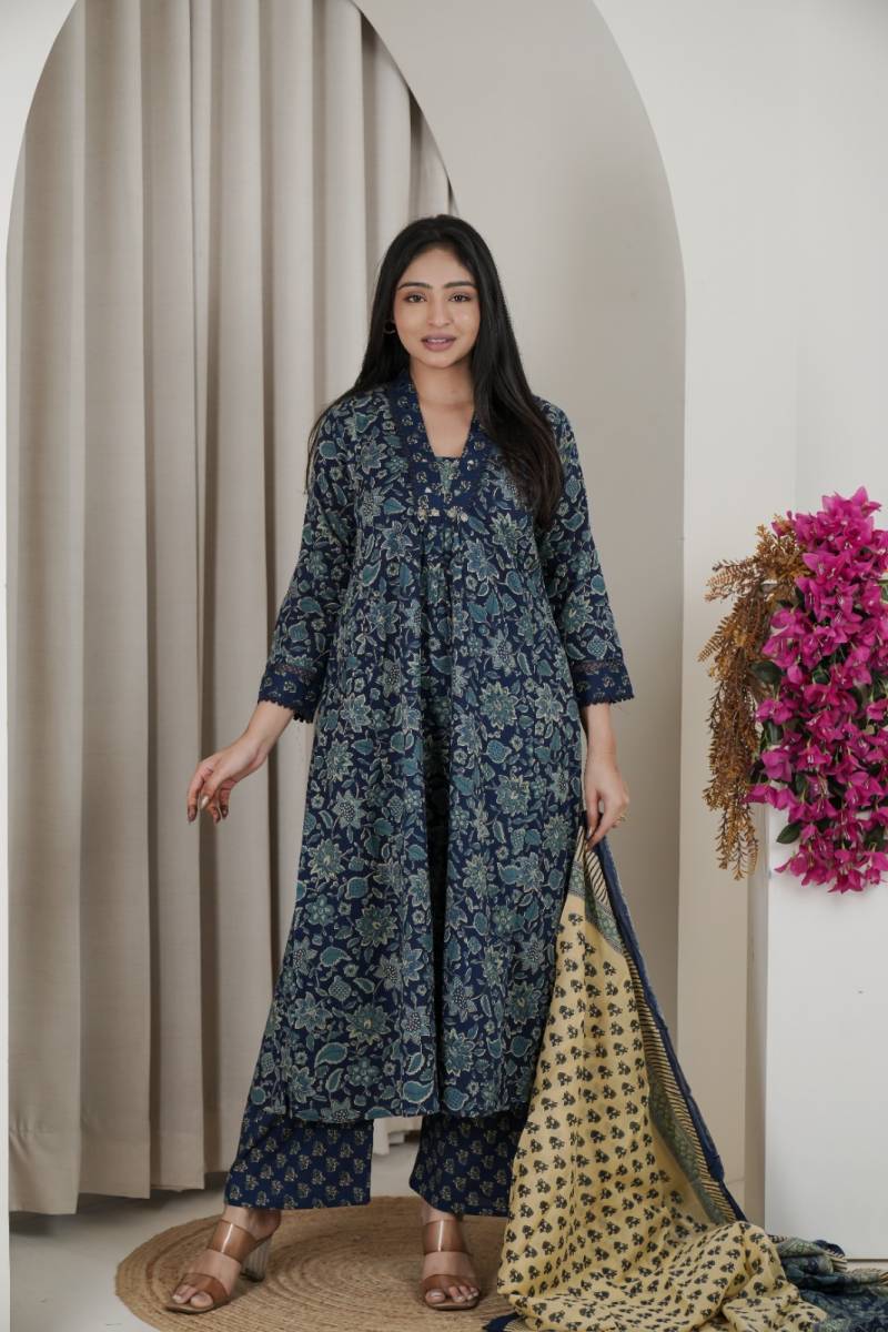Naisha K 482 Jaipuri Cotton Mirror Work A Line Kurti Pant And Dupatta