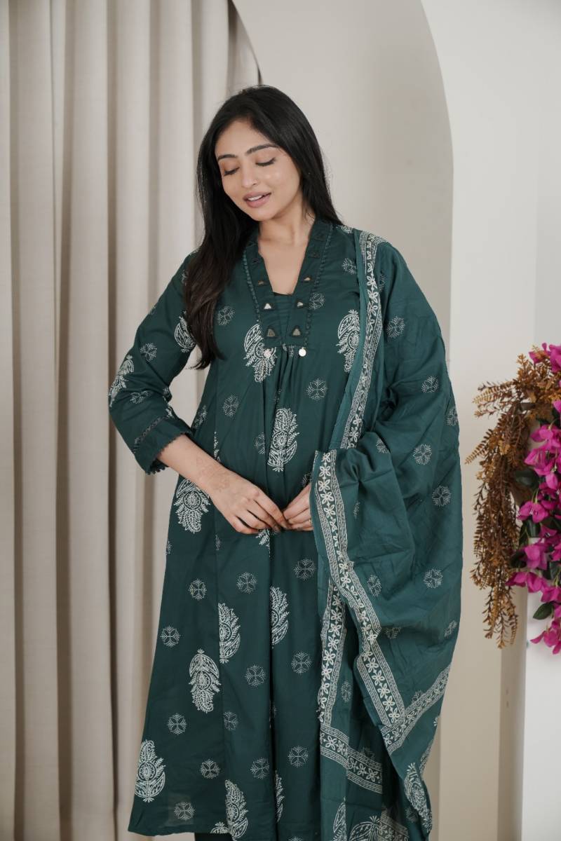 Naisha K 482 Jaipuri Cotton Mirror Work A Line Kurti Pant And Dupatta