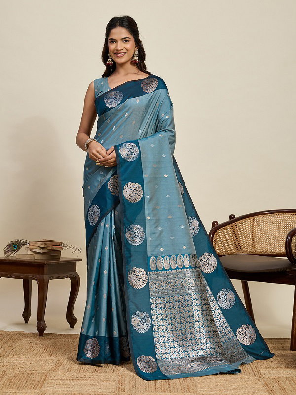 Maahi 209 Party Wear Silver and Gold Zari Weaving Worked Banarasi Silk Saree with Unstitched blouse