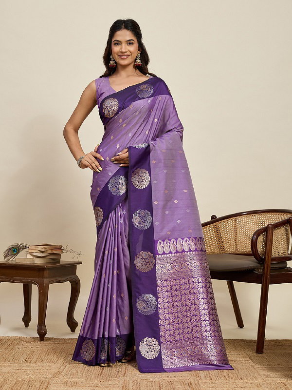 Maahi 209 Party Wear Silver and Gold Zari Weaving Worked Banarasi Silk Saree with Unstitched blouse