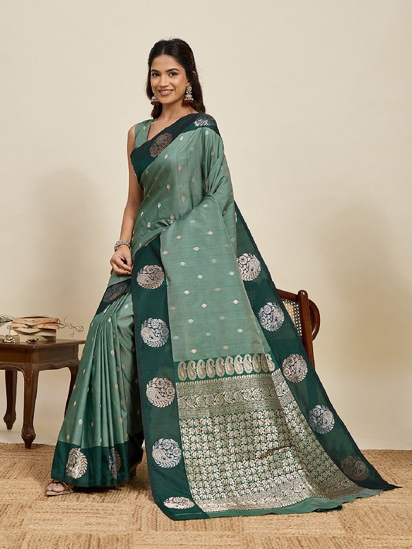 Maahi 209 Party Wear Silver and Gold Zari Weaving Worked Banarasi Silk Saree with Unstitched blouse