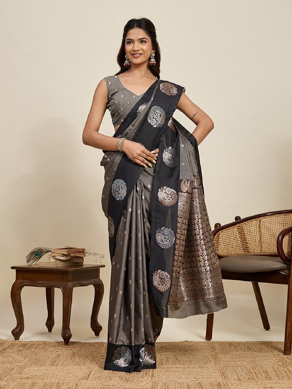 Maahi 209 Party Wear Silver and Gold Zari Weaving Worked Banarasi Silk Saree with Unstitched blouse