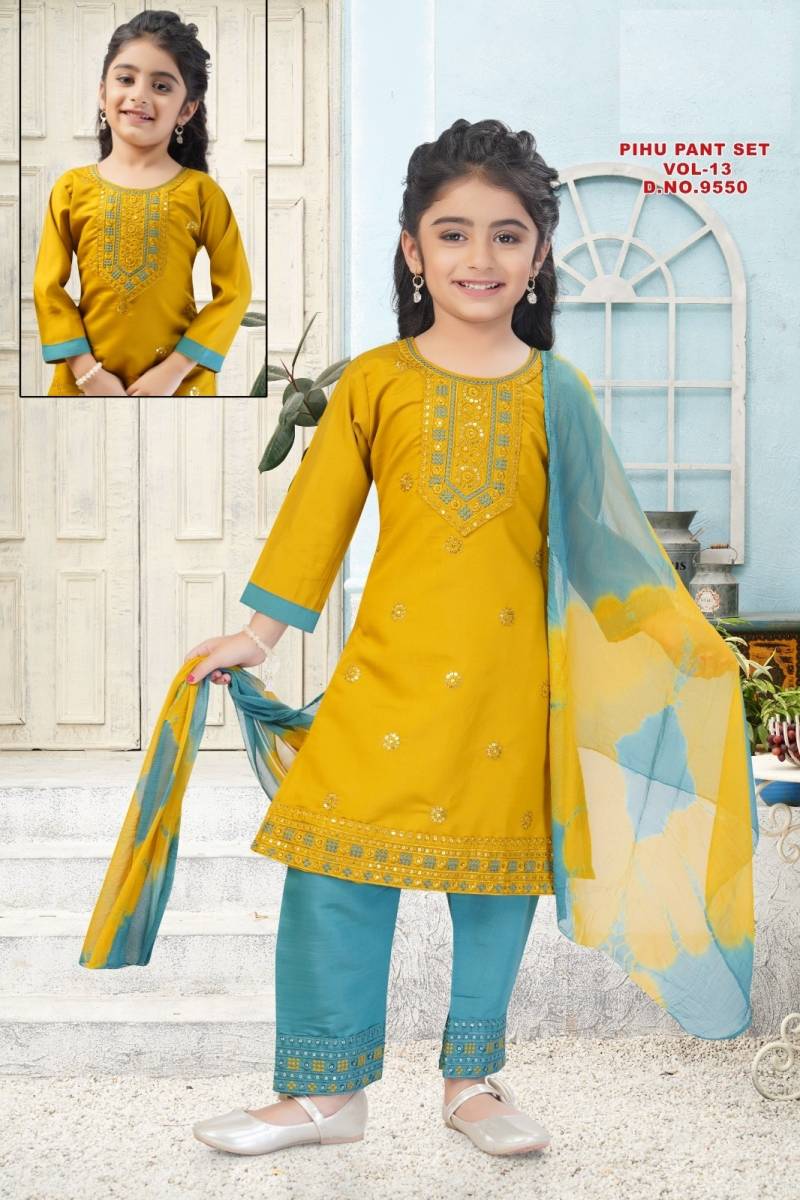 Pihu Pant Set Vol 13 Roman Silk Kids Kurti And Pant Dupatta