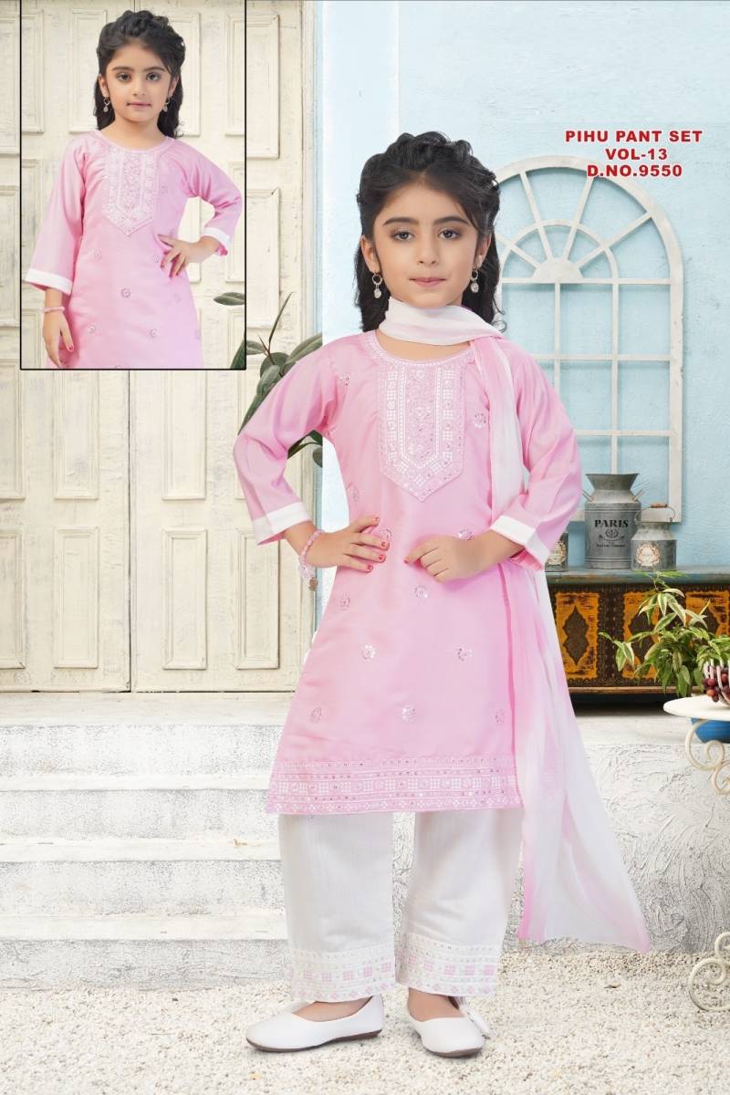 Pihu Pant Set Vol 13 Roman Silk Kids Kurti And Pant Dupatta