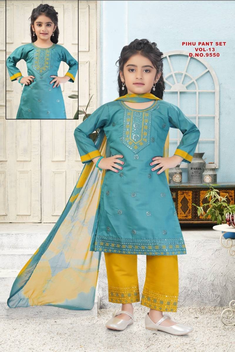 Pihu Pant Set Vol 13 Roman Silk Kids Kurti And Pant Dupatta